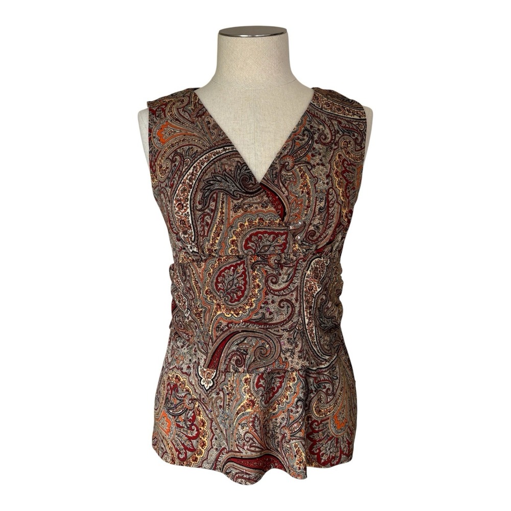INC Women's XL Sleeveless Surplice V Neck Faux Wrap Paisley Blouse Boho Festival